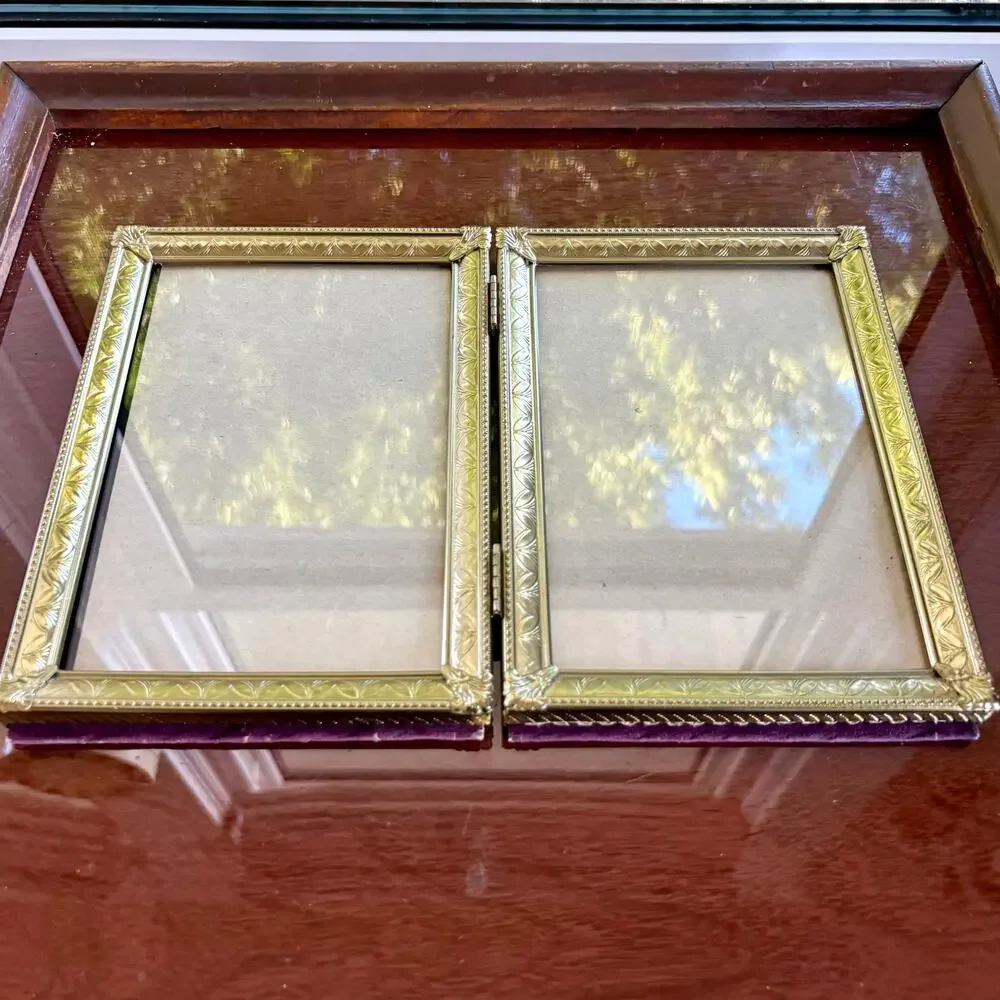 Vintage Hinged Double Picture Frame Gold Tone with Purple Velvet Back